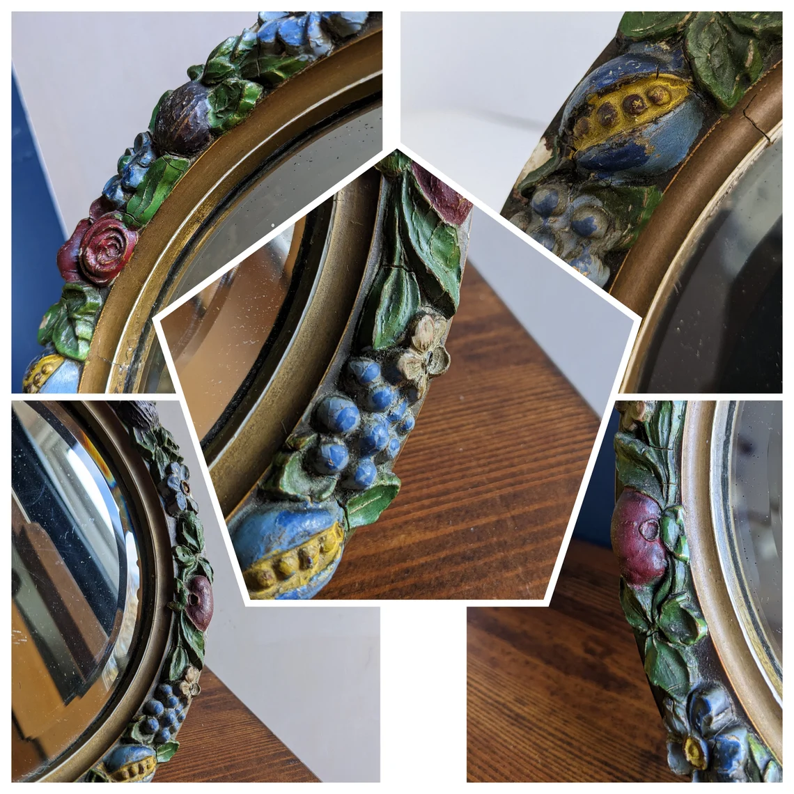 C. 1930s English circular Barbola mirror surrounded by painted plaster flowers - Image 6