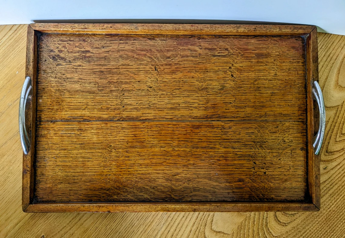 1930s oak serving tray with Deco metal handles - Image 2