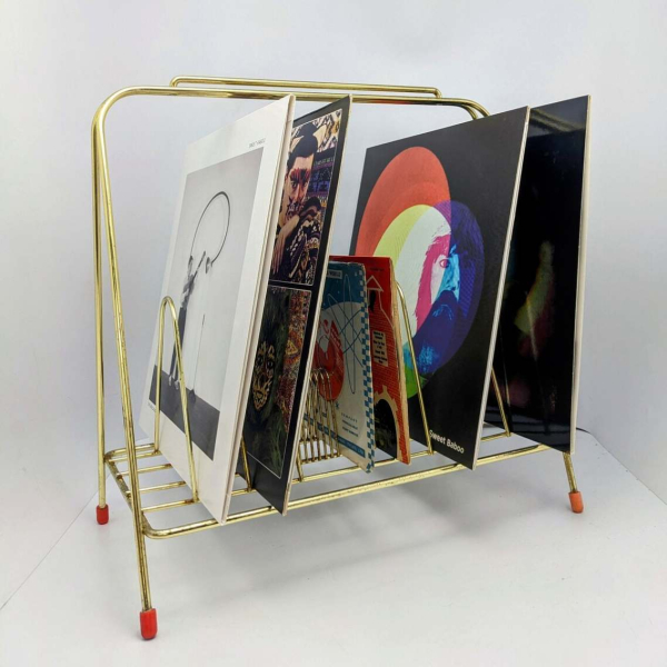 Atomic midcentury gold tone record storage rack, vintage LP and EP stand - Image 2