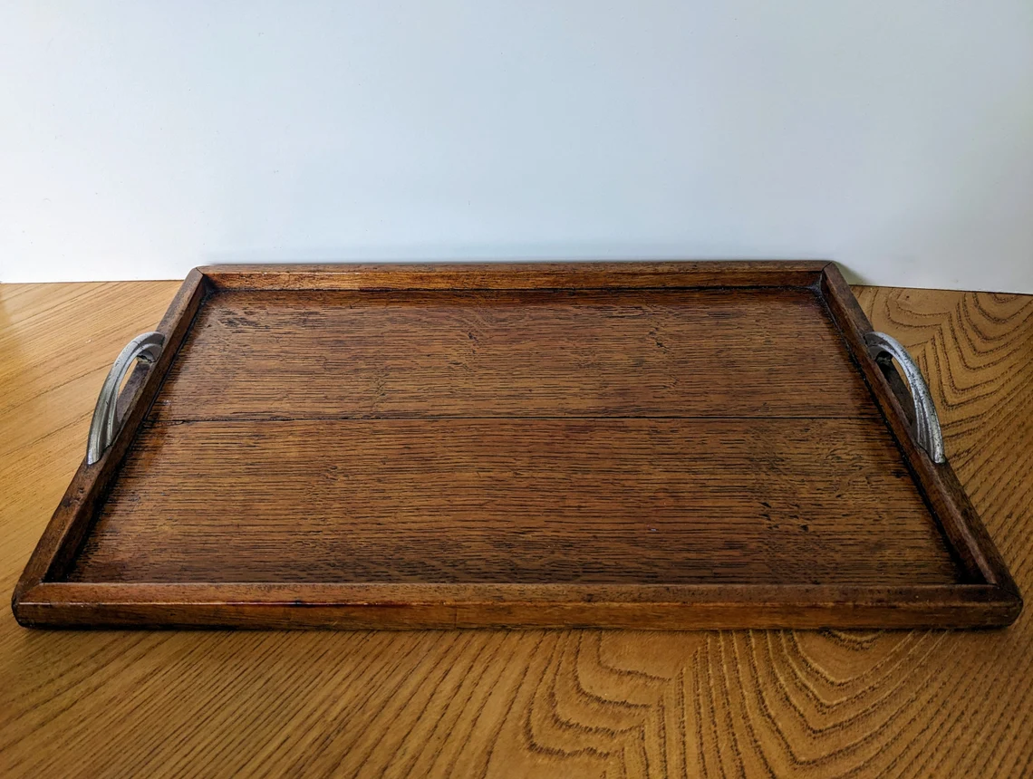 1930s oak serving tray with Deco metal handles
