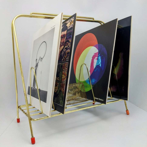 Atomic midcentury gold tone record storage rack, vintage LP and EP stand - Image 7