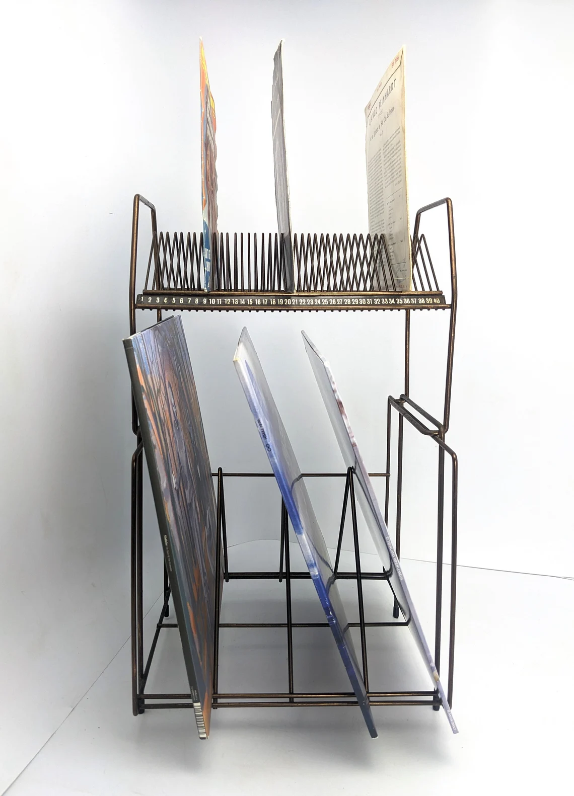 Mid century bronze Atomic record rack, storage for 7" vinyl singles and 12" LPs