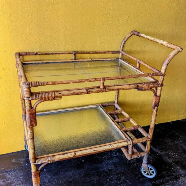 Mid century bamboo and glass bar cart, vintage two tier drinks or tea trolley - Image 10