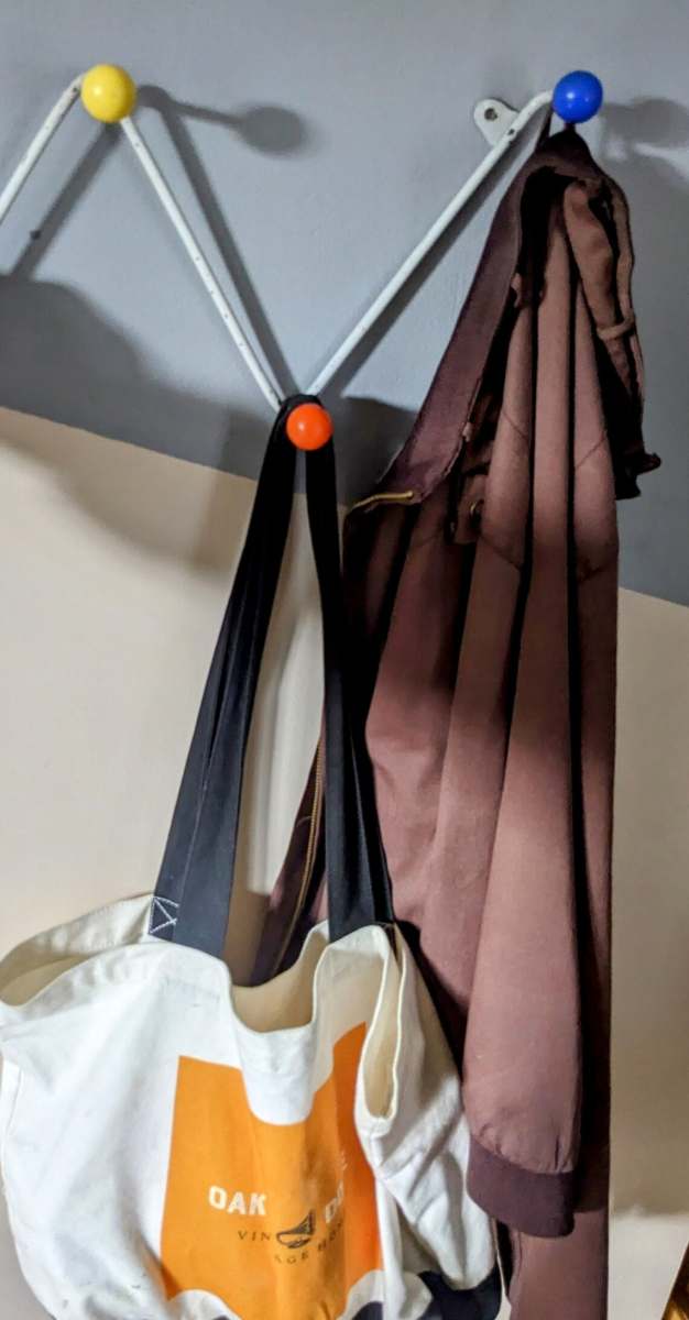 A pair of midcentury atomic design coat racks with colourful ball hooks - Image 2