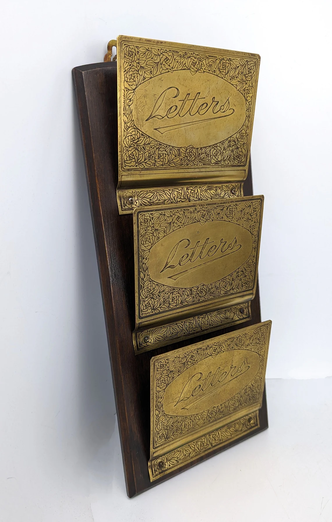 Antique oak and brass 3 section wall hanging letter rack, Arts and Crafts letter rack - Image 3