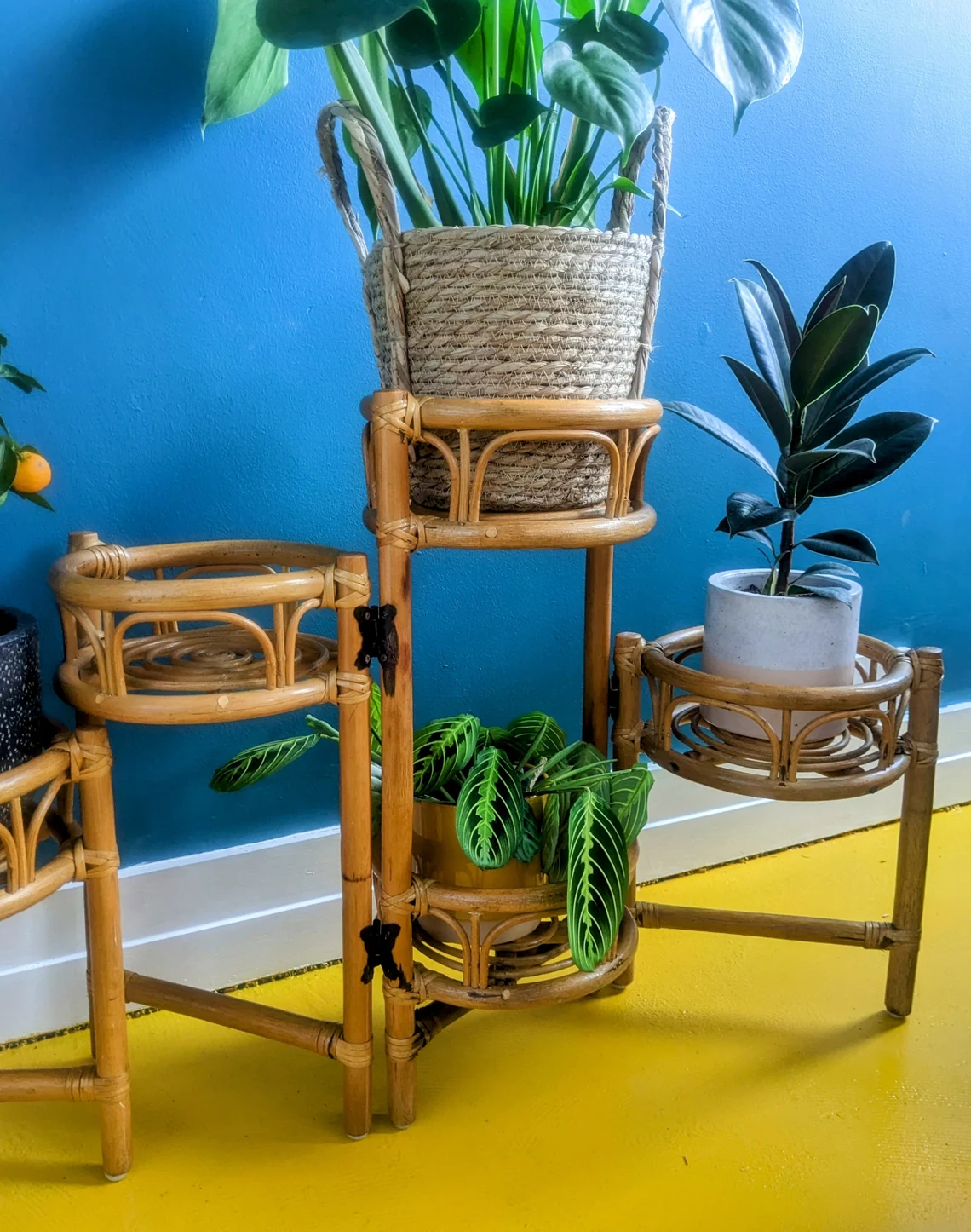 Pair of large 1960s folding bamboo plant stands with 8 troughs | Oaky Doke  Vintage Home