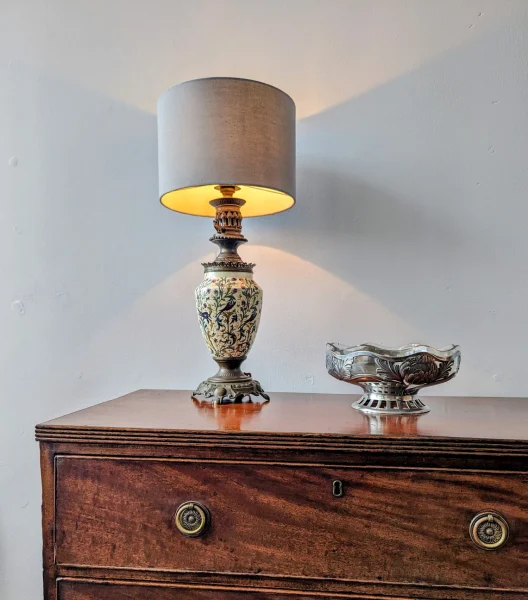 Antique french ceramic lamp and mahogany regency drawers