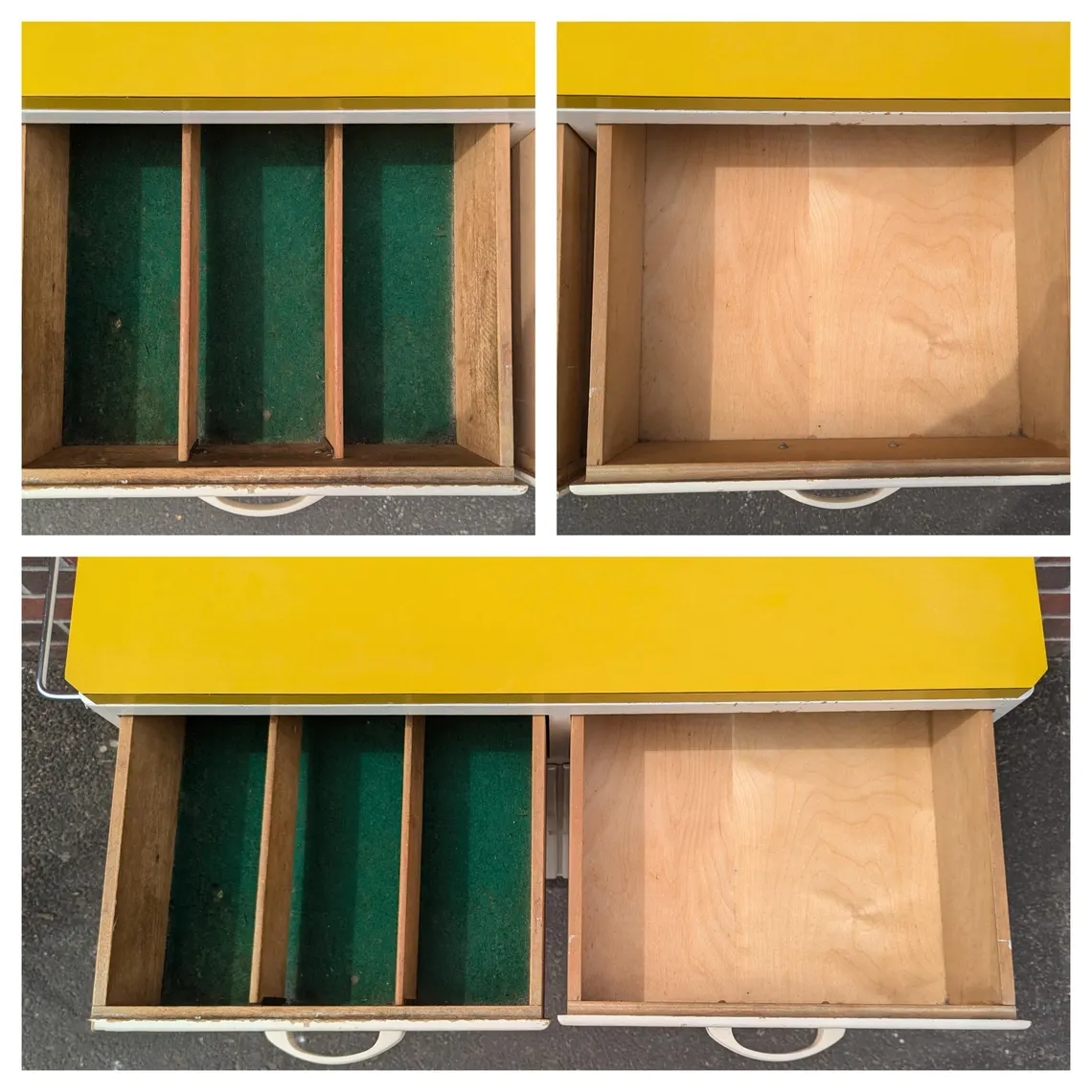 Midcentury Remploy kitchen cabinet, 1950s kitchen cupboard, drawers and sideboard with mustard yellow Formica top - Image 8