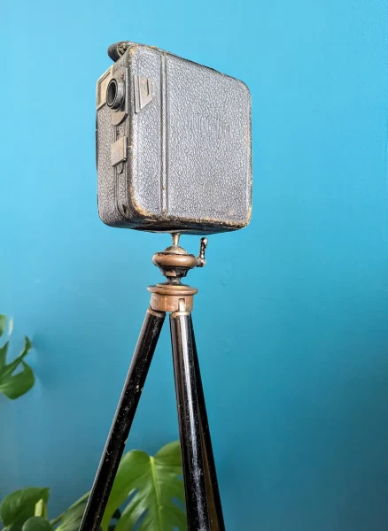 Antique camera tripod with brass legs, extendable to 3 heights, with 1920s Pathescope camera - Image 8