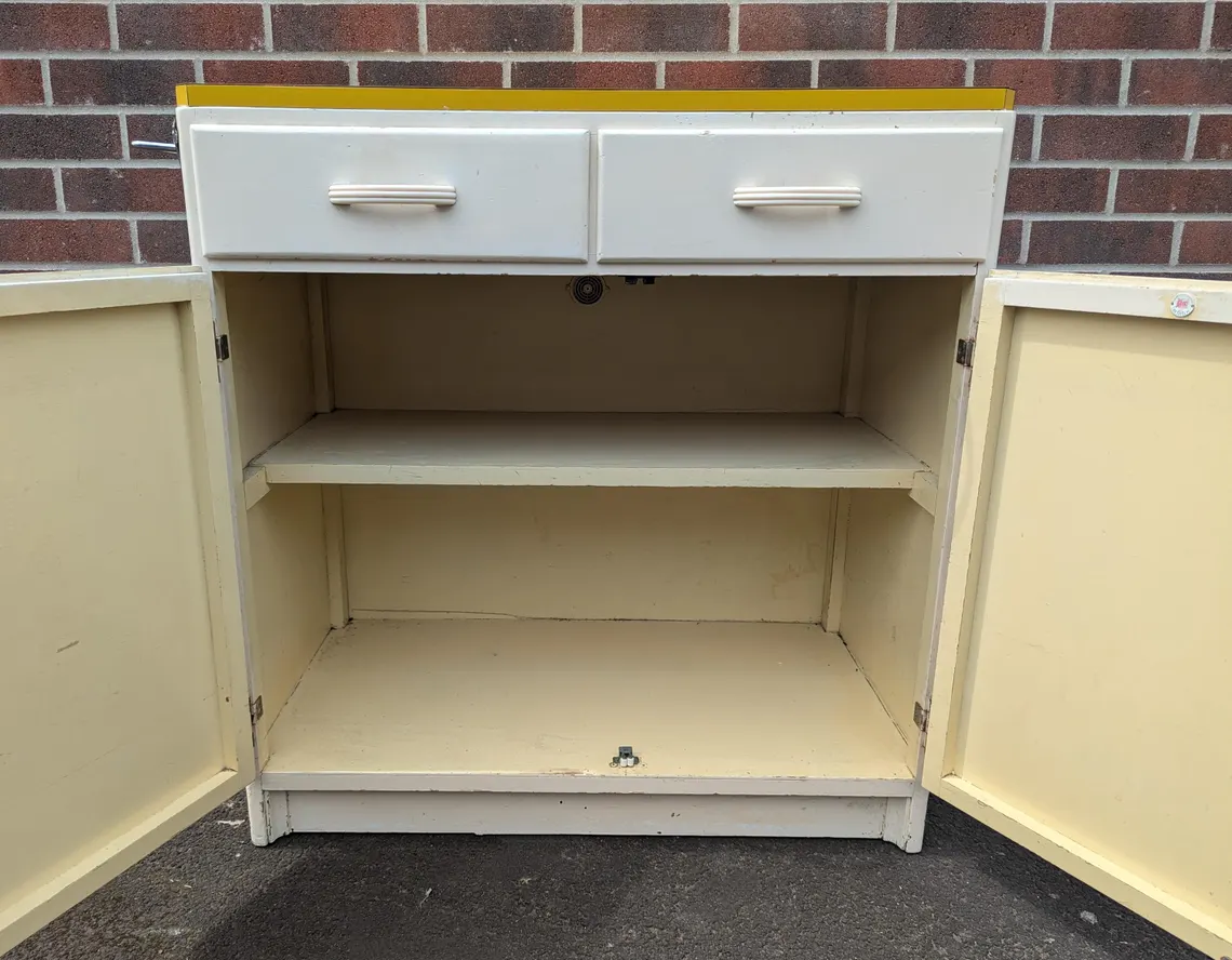 Midcentury Remploy kitchen cabinet, 1950s kitchen cupboard, drawers and sideboard with mustard yellow Formica top - Image 5
