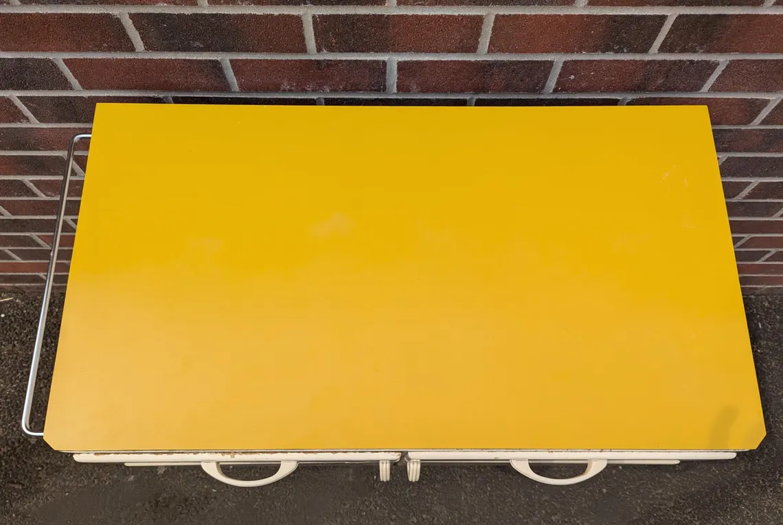 Midcentury Remploy kitchen cabinet, 1950s kitchen cupboard, drawers and sideboard with mustard yellow Formica top - Image 3