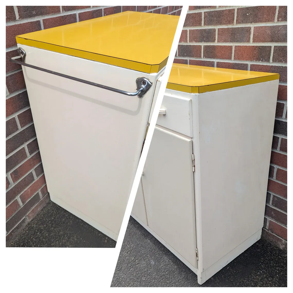 Midcentury Remploy kitchen cabinet, 1950s kitchen cupboard, drawers and sideboard with mustard yellow Formica top - Image 9