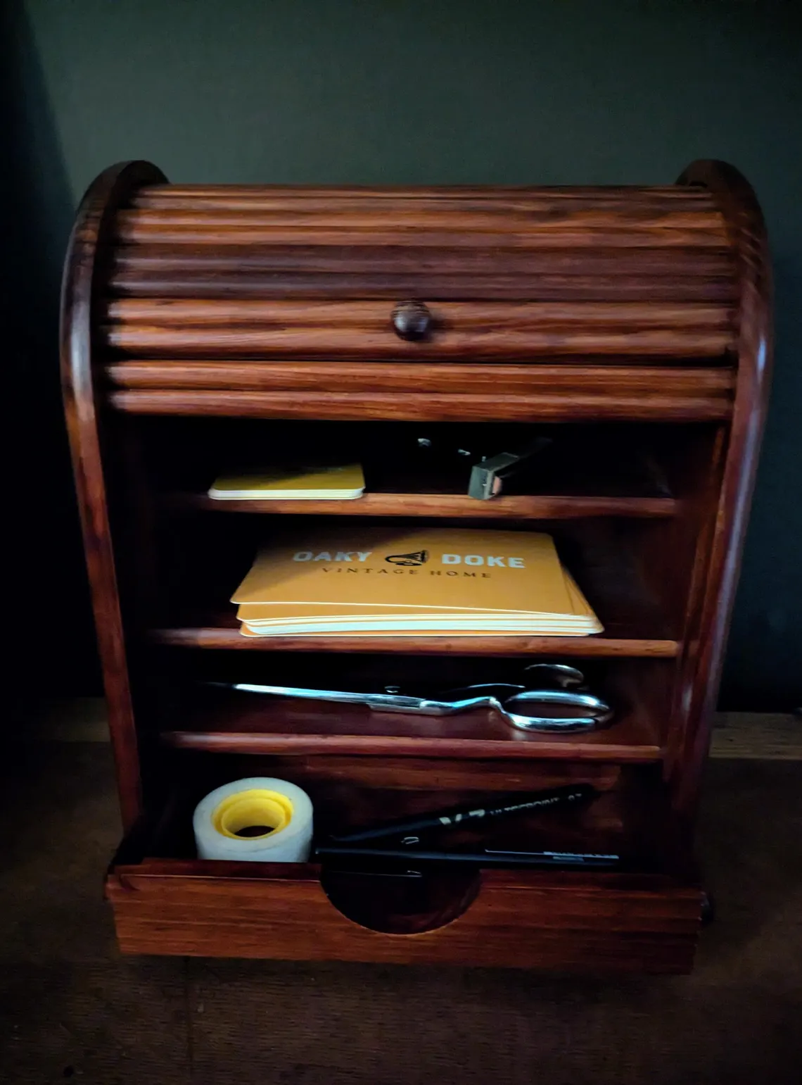 Vintage pine tambour fronted desktop cabinet - Image 3
