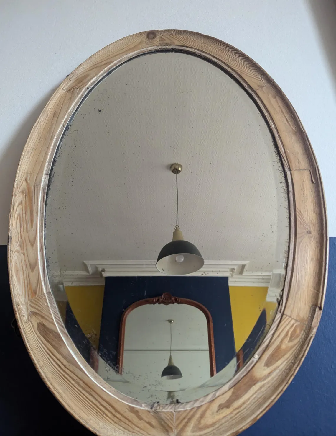 Large oval rustic pine framed mirror, early 20th century beveled wall mirror - Image 6