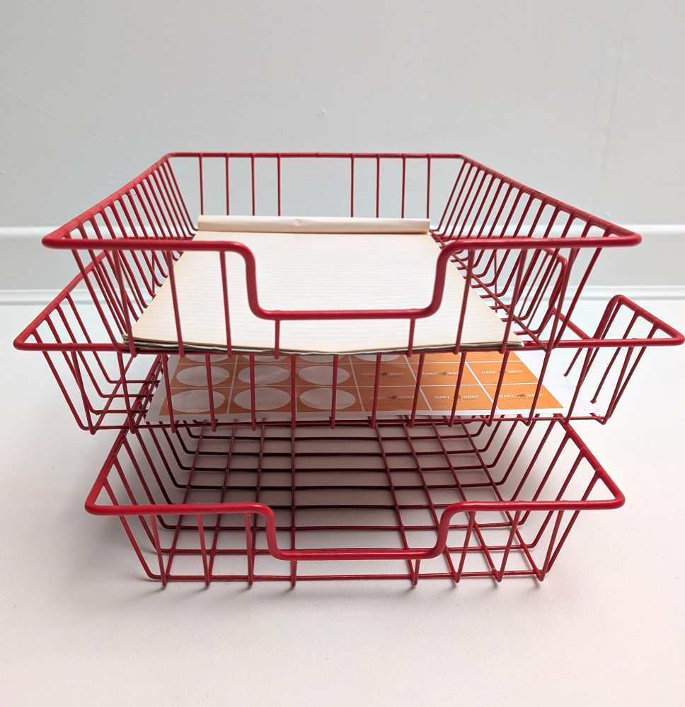 3 vintage red wire desk storage trays