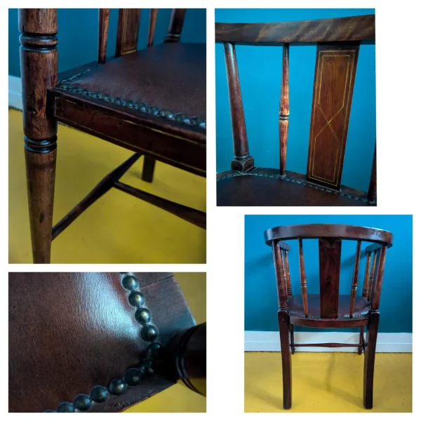Edwardian smokers bow arm chair with leather seat - Image 8