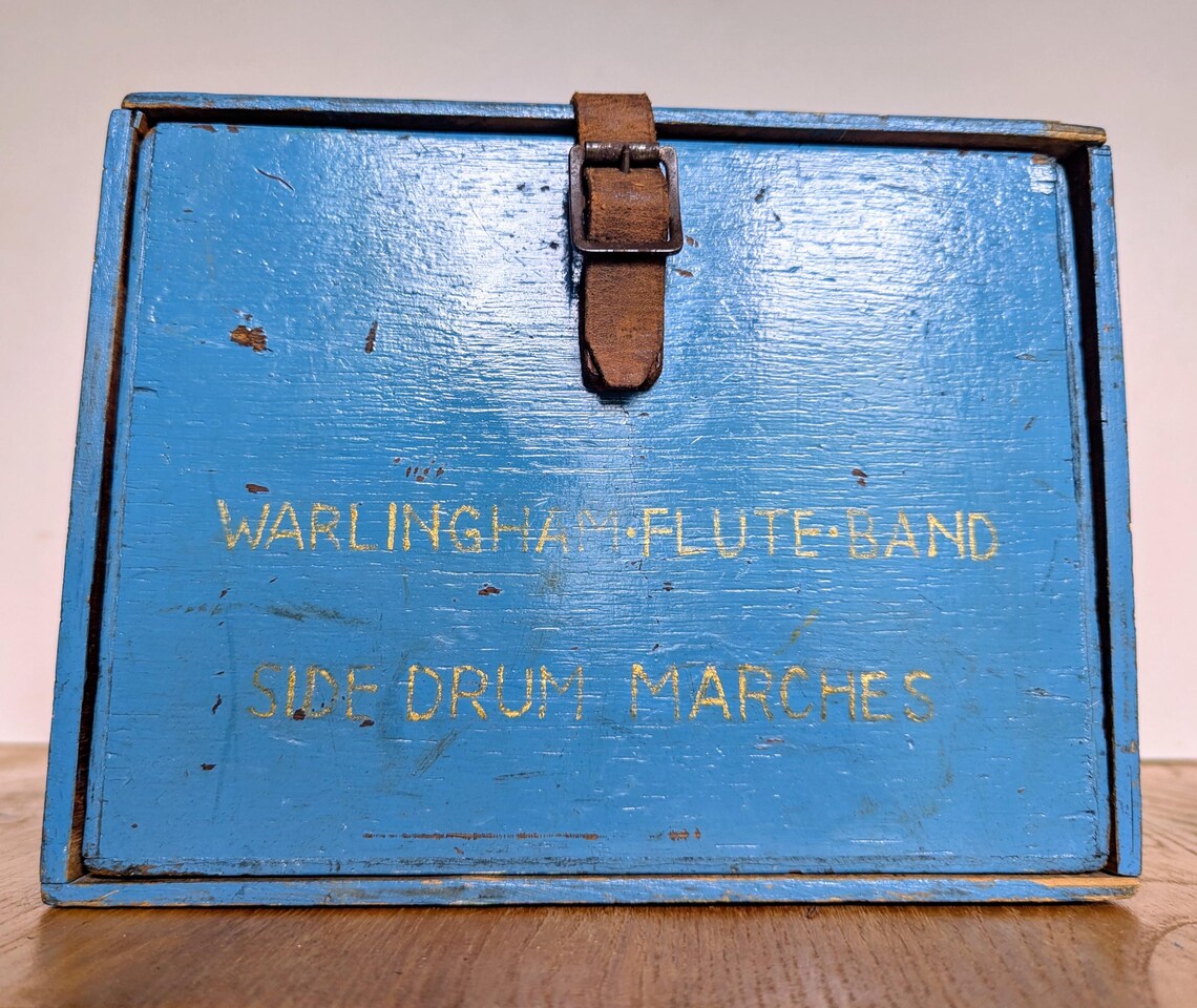 c.1950s oak storage box drawer with leather handle and buckle, for Warlingham Flute Band - Image 2