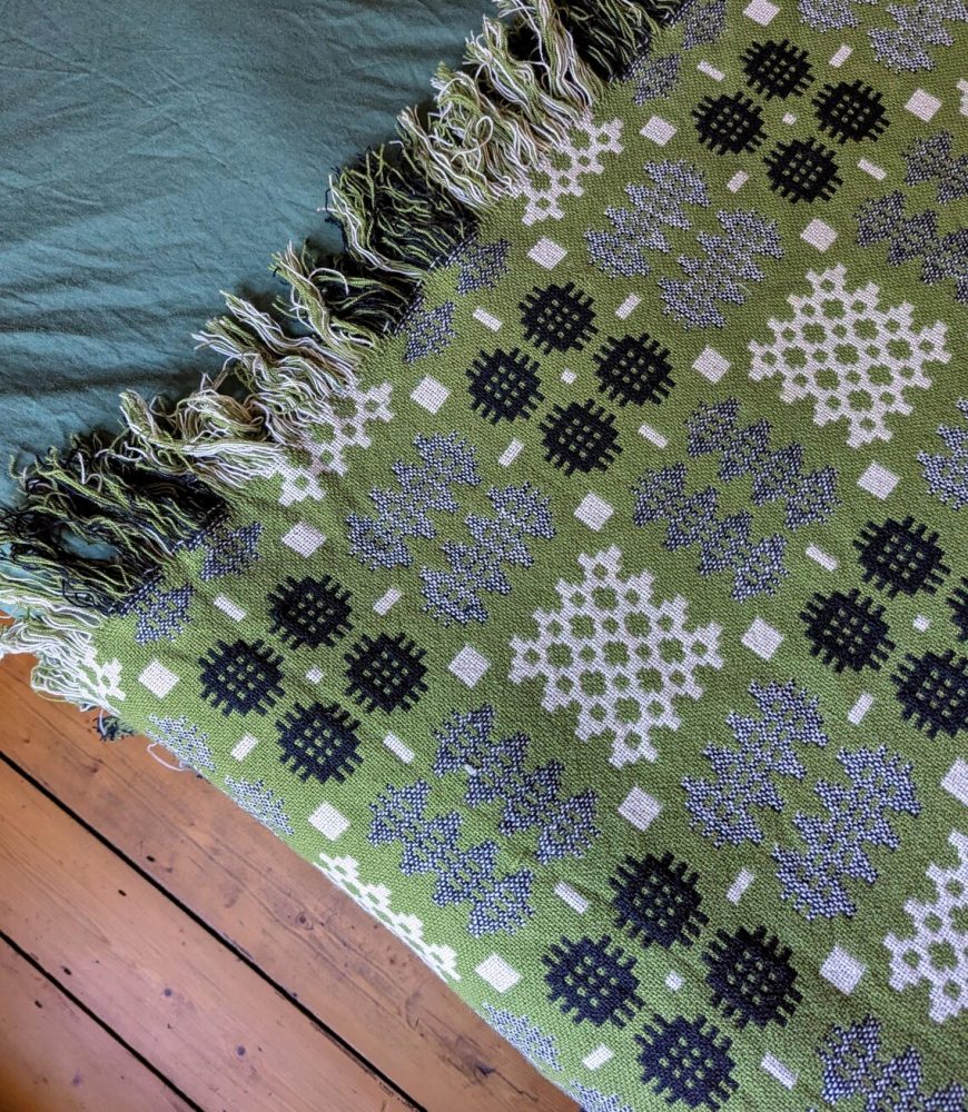Vintage Pure Welsh Wool double sided blanket, traditional geometric woollen blanket in green, cream and black - Image 3