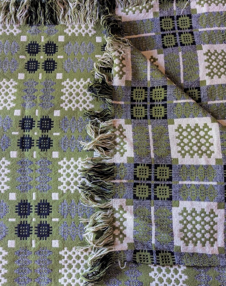 Vintage Pure Welsh Wool double sided blanket, traditional geometric woollen blanket in green, cream and black - Image 4
