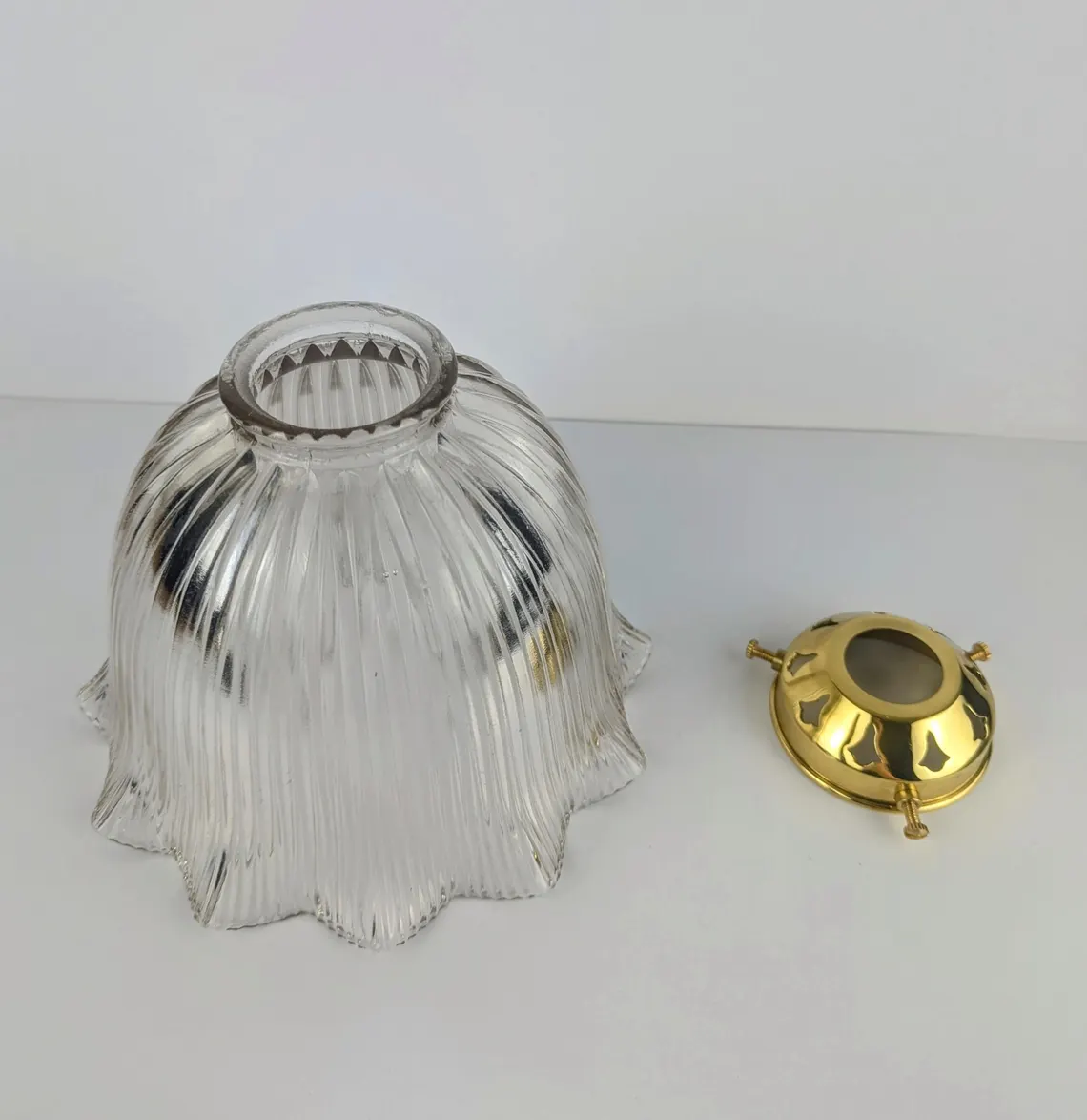 Early 1900s Holophane glass pendant light shade with brass gallery - Image 5