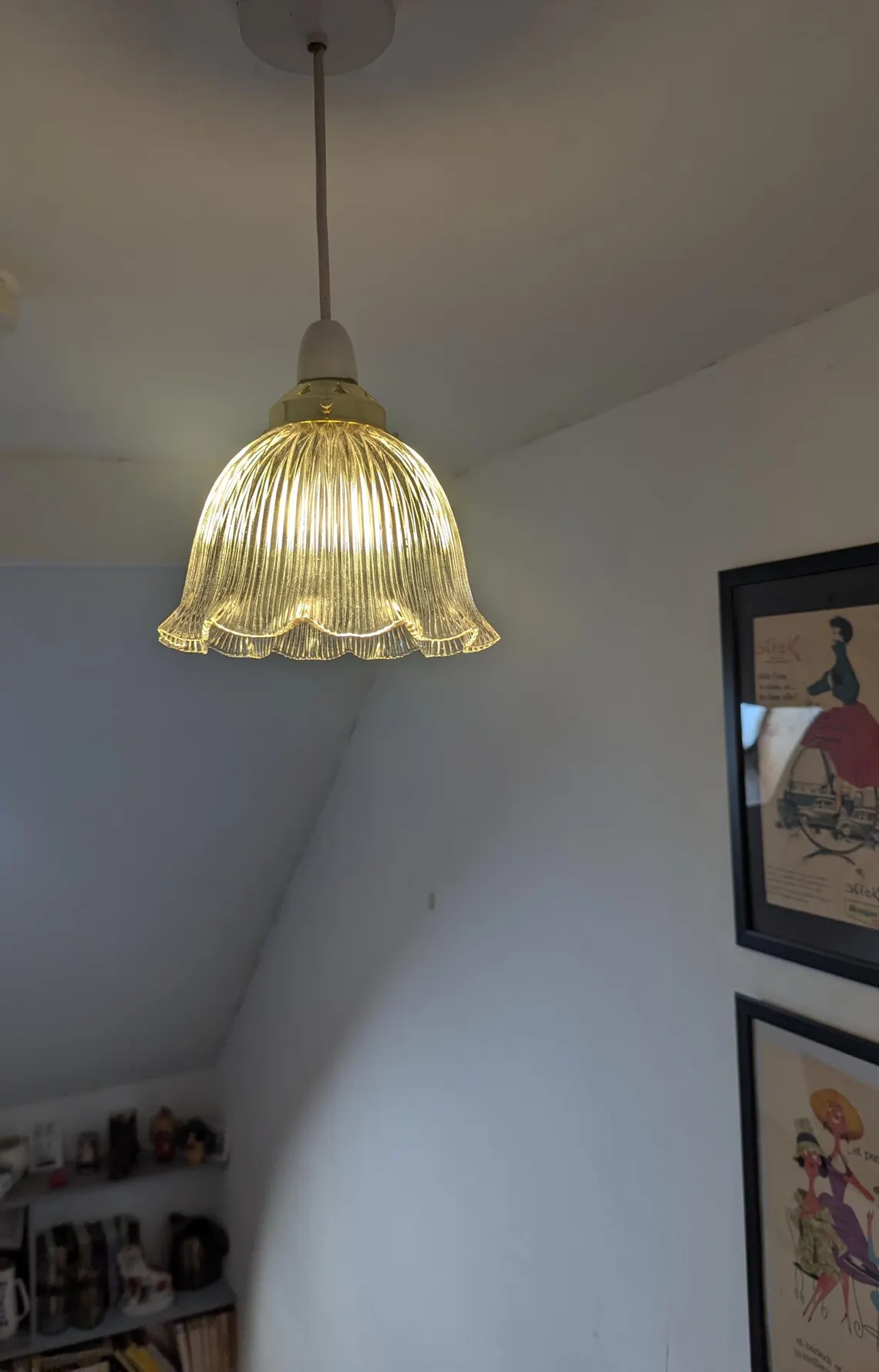Early 1900s Holophane glass pendant light shade with brass gallery - Image 2