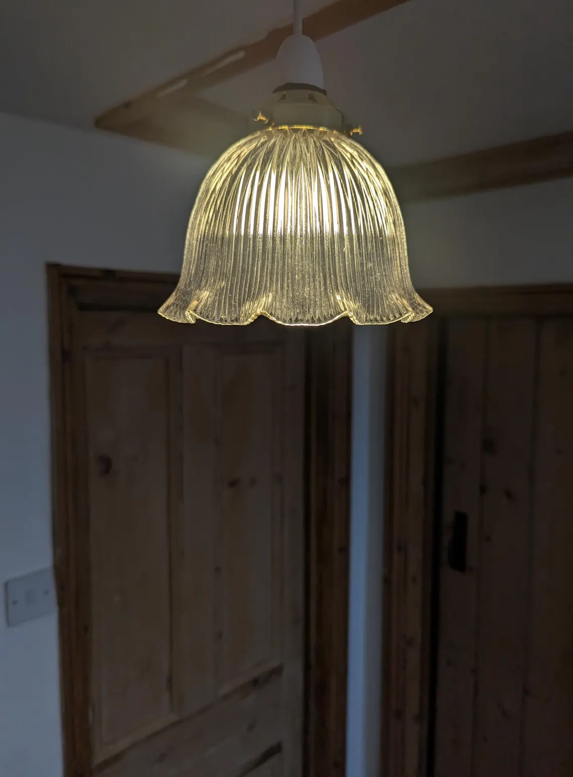 Early 1900s Holophane glass pendant light shade with brass gallery - Image 9