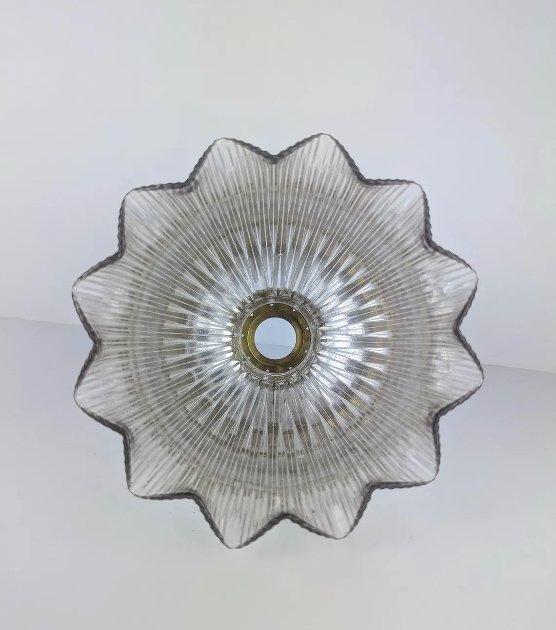Early 1900s Holophane glass pendant light shade with brass gallery - Image 6