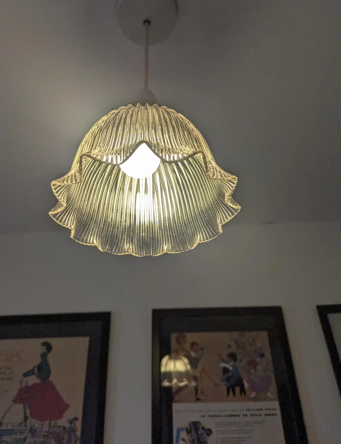 Early 1900s Holophane glass pendant light shade with brass gallery - Image 4