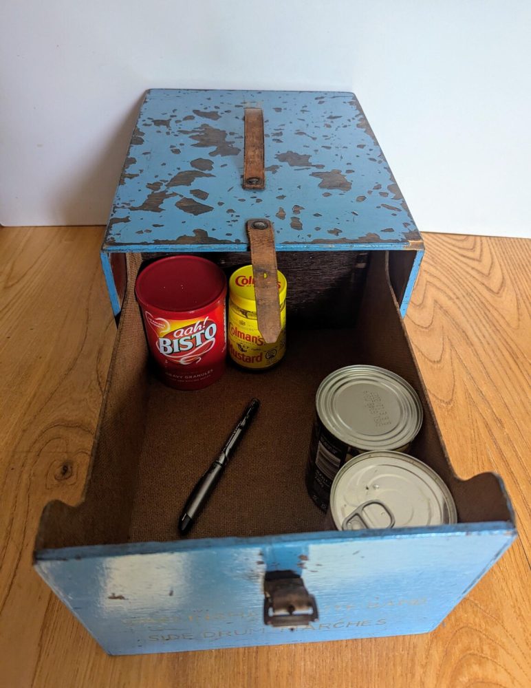 c.1950s oak storage box drawer with leather handle and buckle, for Warlingham Flute Band - Image 6