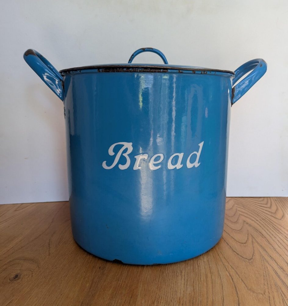 blue enamel bread bin