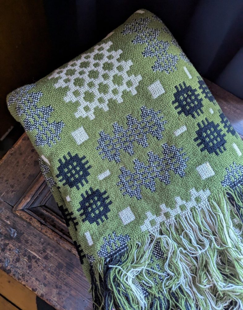 Vintage Pure Welsh Wool double sided blanket, traditional geometric woollen blanket in green, cream and black - Image 7
