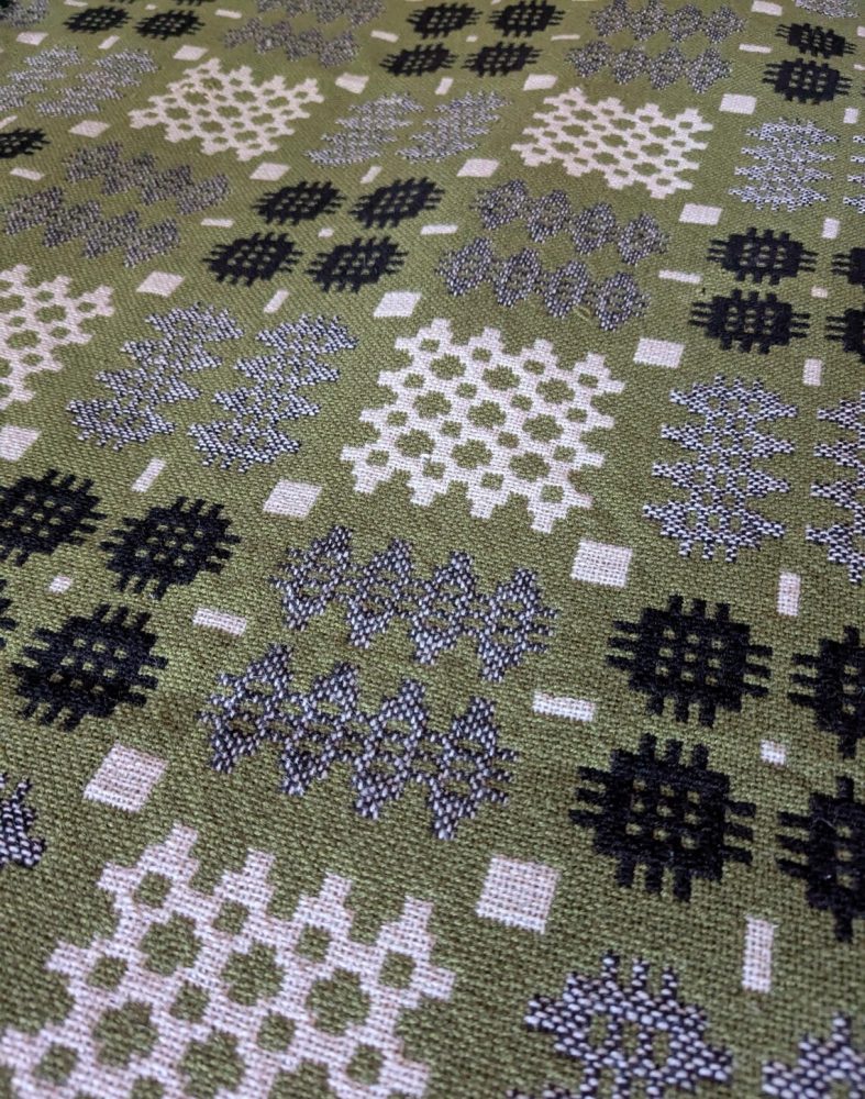Vintage Pure Welsh Wool double sided blanket, traditional geometric woollen blanket in green, cream and black - Image 2