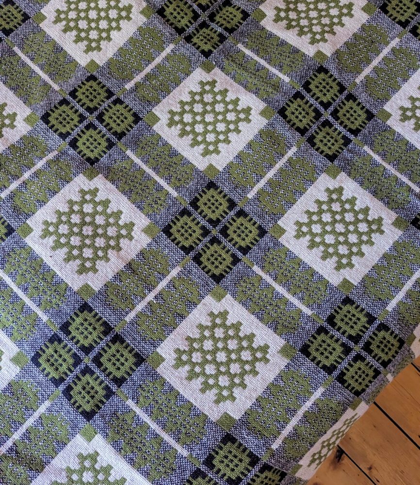 Vintage Pure Welsh Wool double sided blanket, traditional geometric woollen blanket in green, cream and black - Image 5