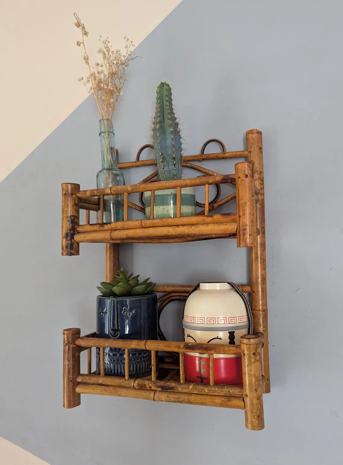 Vintage bamboo two tier storage shelf unit - Image 7