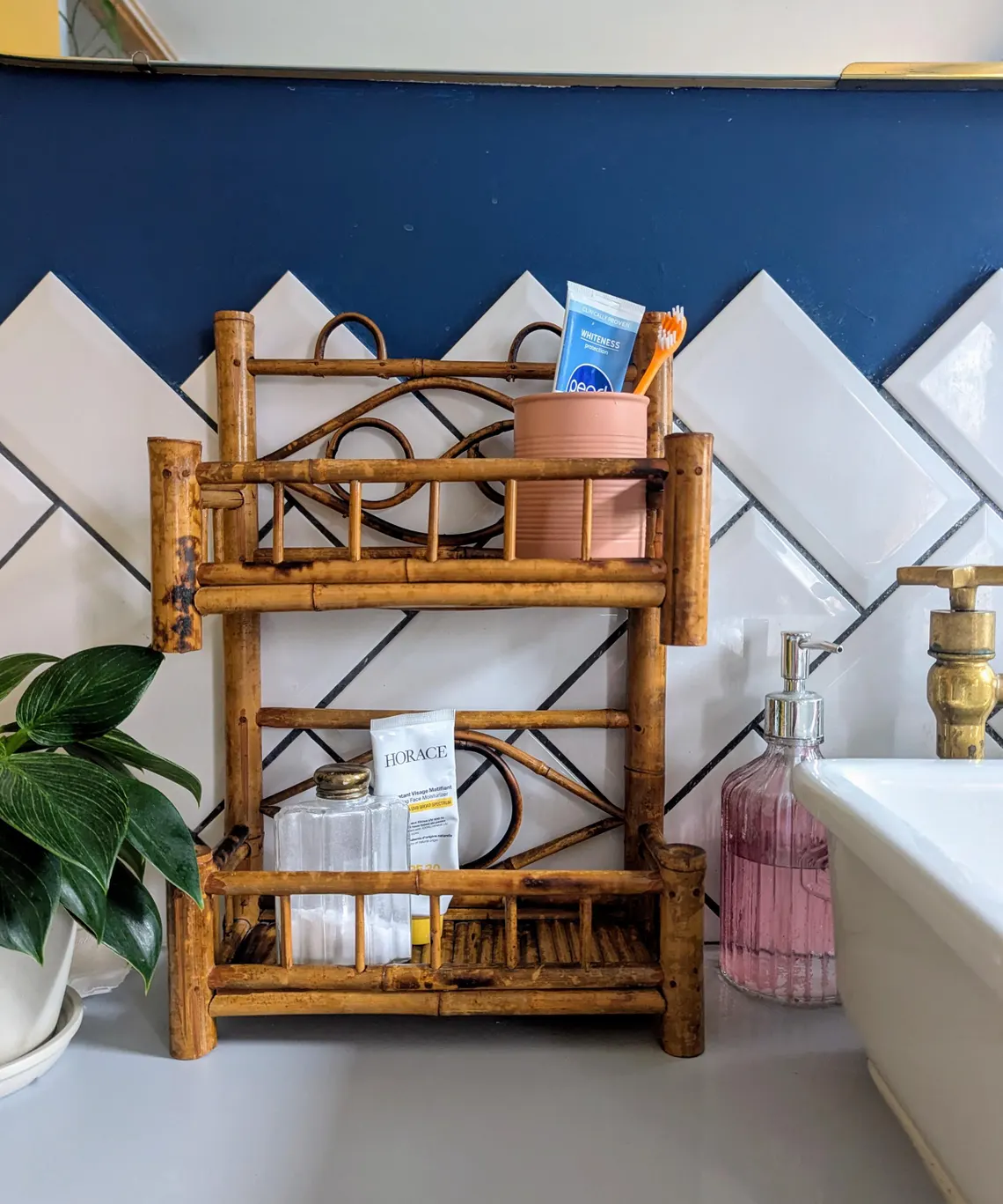 Vintage bamboo two tier storage shelf unit - Image 2