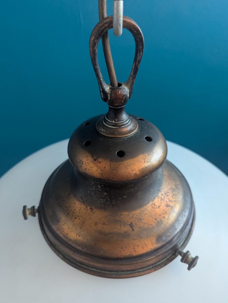 c.1930s large opaline glass pendant light shade with original brass gallery - Image 2