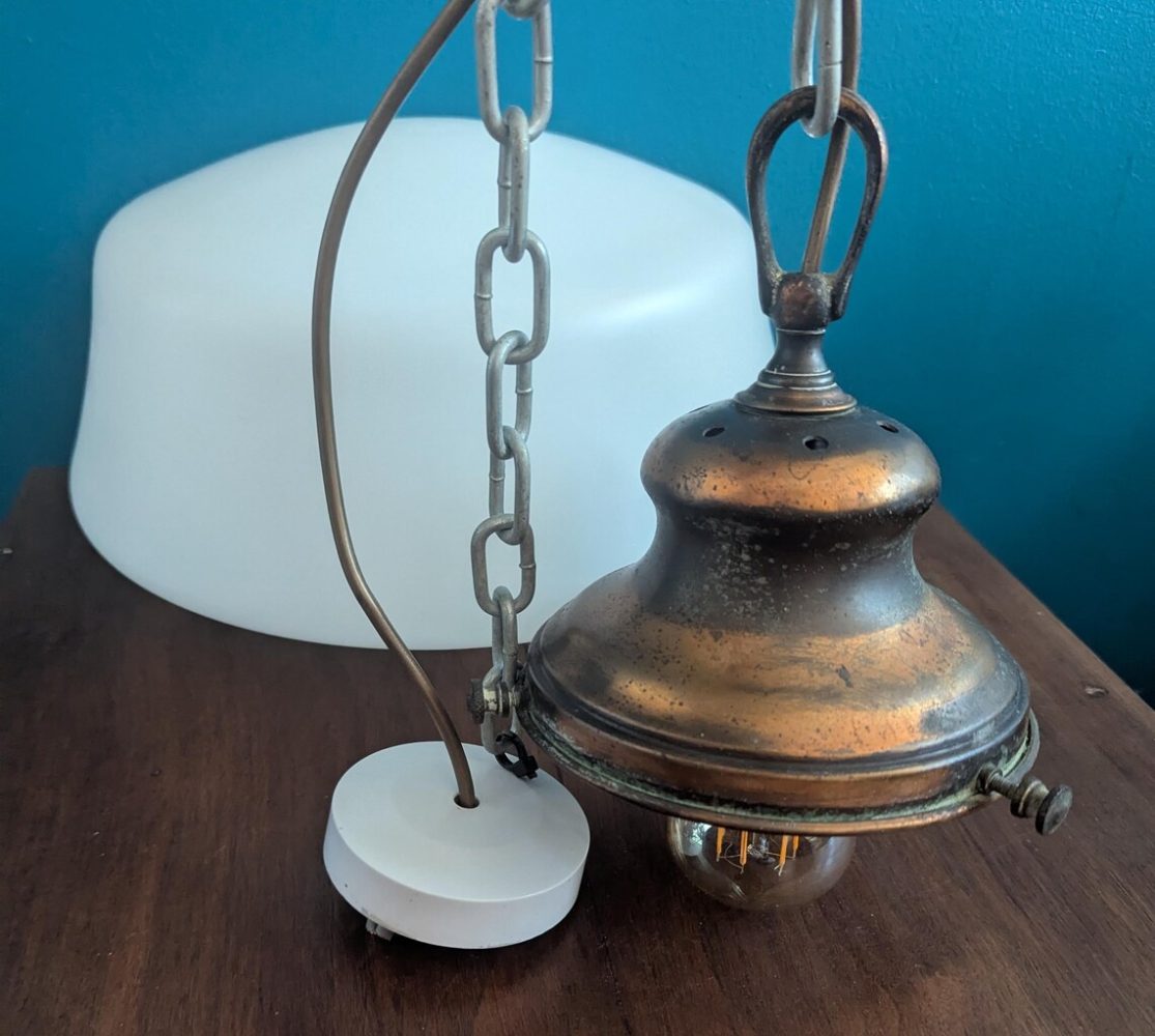 c.1930s large opaline glass pendant light shade with original brass gallery - Image 6