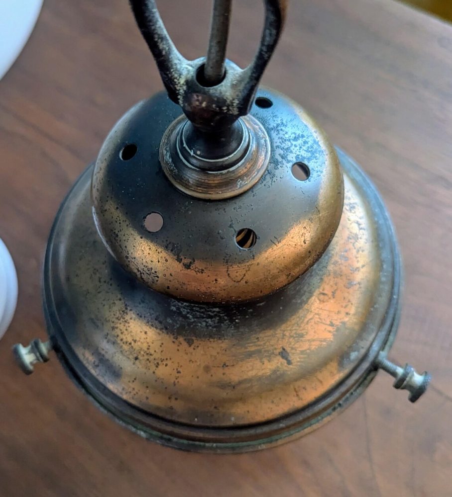 c.1930s large opaline glass pendant light shade with original brass gallery - Image 3