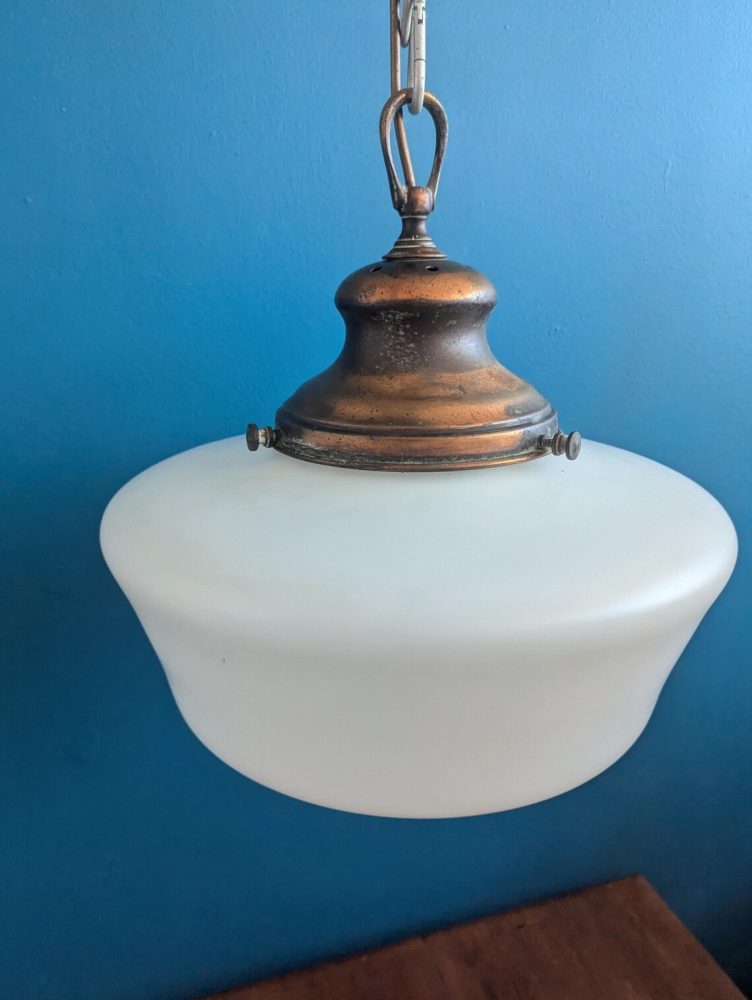 c.1930s large opaline glass pendant light shade with original brass gallery - Image 7