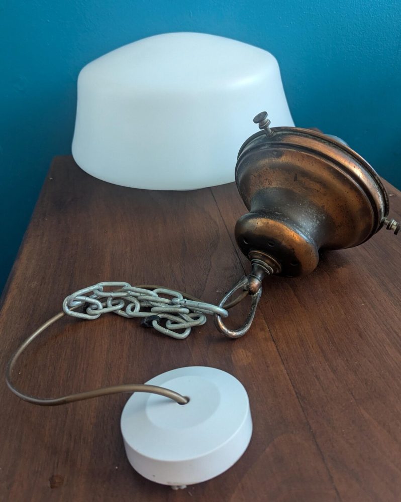 c.1930s large opaline glass pendant light shade with original brass gallery - Image 9