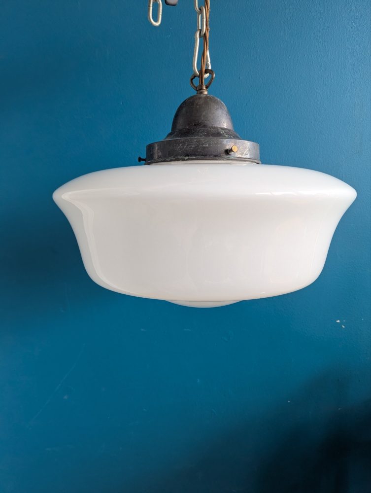 Matched pair of c.1930s large opaline glass Art Deco pendant lights with nickel galleries - Image 2