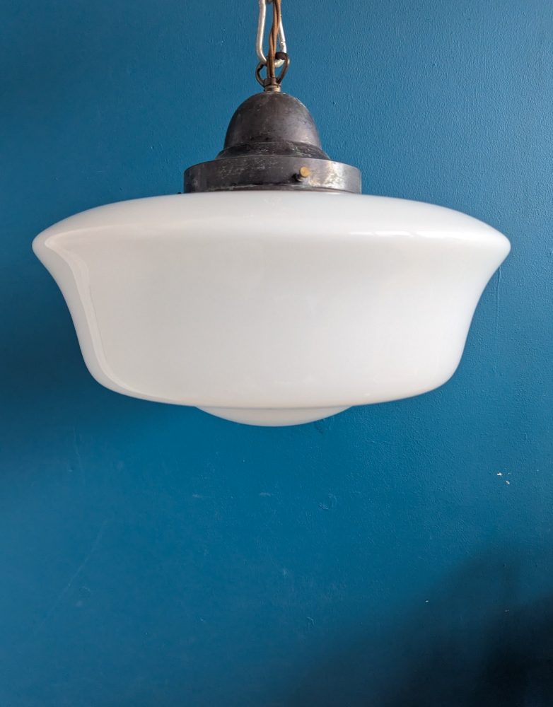 Matched pair of c.1930s large opaline glass Art Deco pendant lights with nickel galleries - Image 13