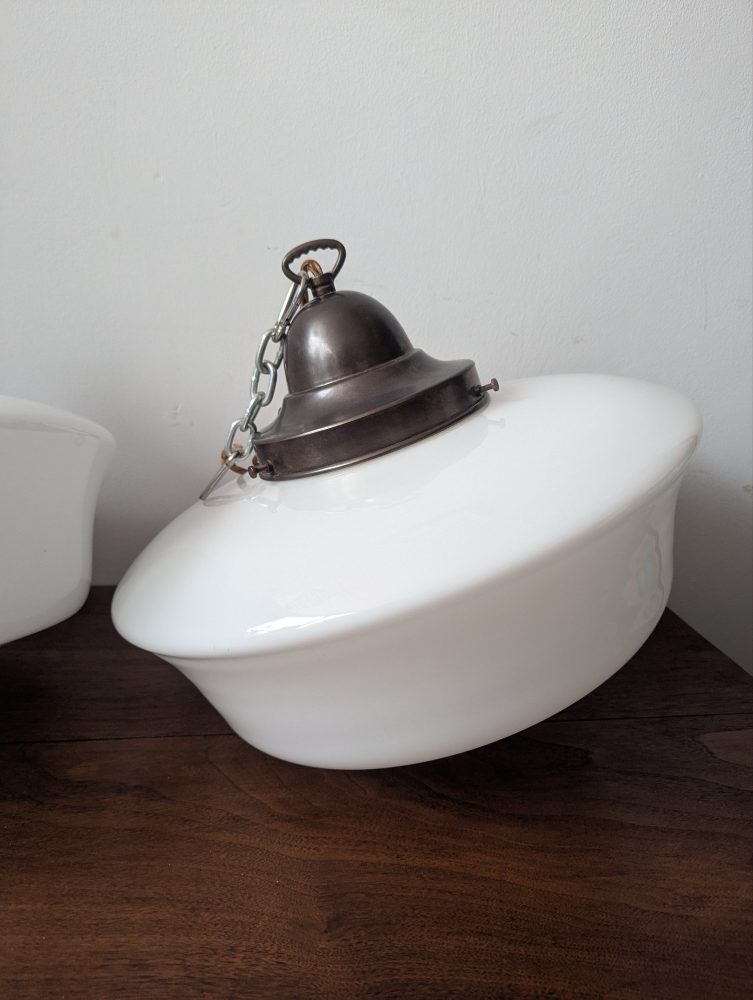 Matched pair of c.1930s large opaline glass Art Deco pendant lights with nickel galleries - Image 12