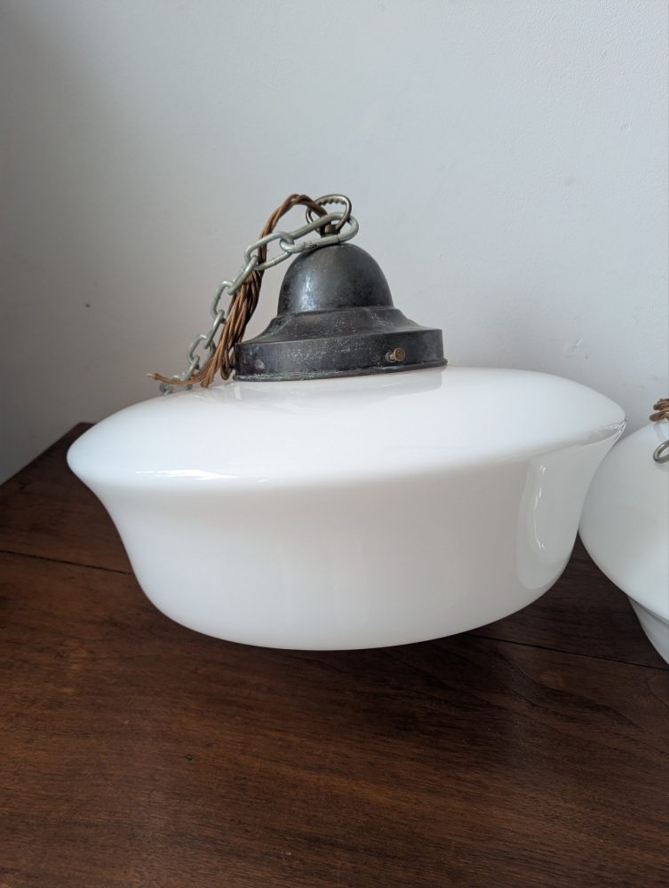 Matched pair of c.1930s large opaline glass Art Deco pendant lights with nickel galleries - Image 11