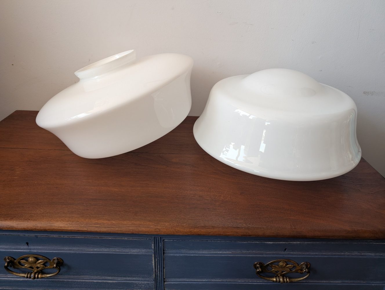 Matched pair of c.1930s large opaline glass Art Deco pendant lights with nickel galleries - Image 15