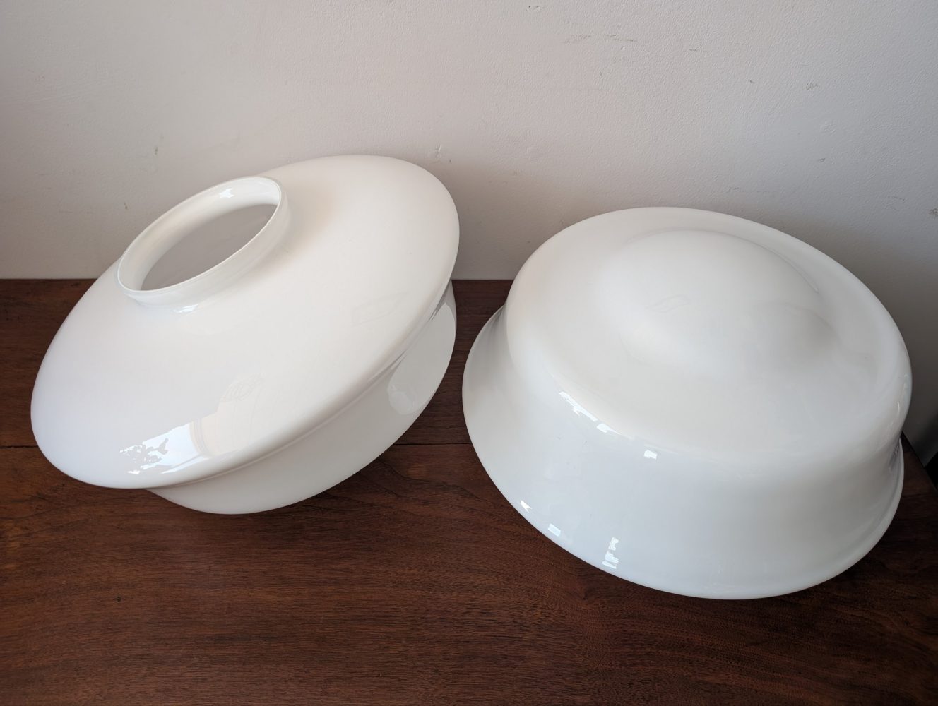 Matched pair of c.1930s large opaline glass Art Deco pendant lights with nickel galleries - Image 7