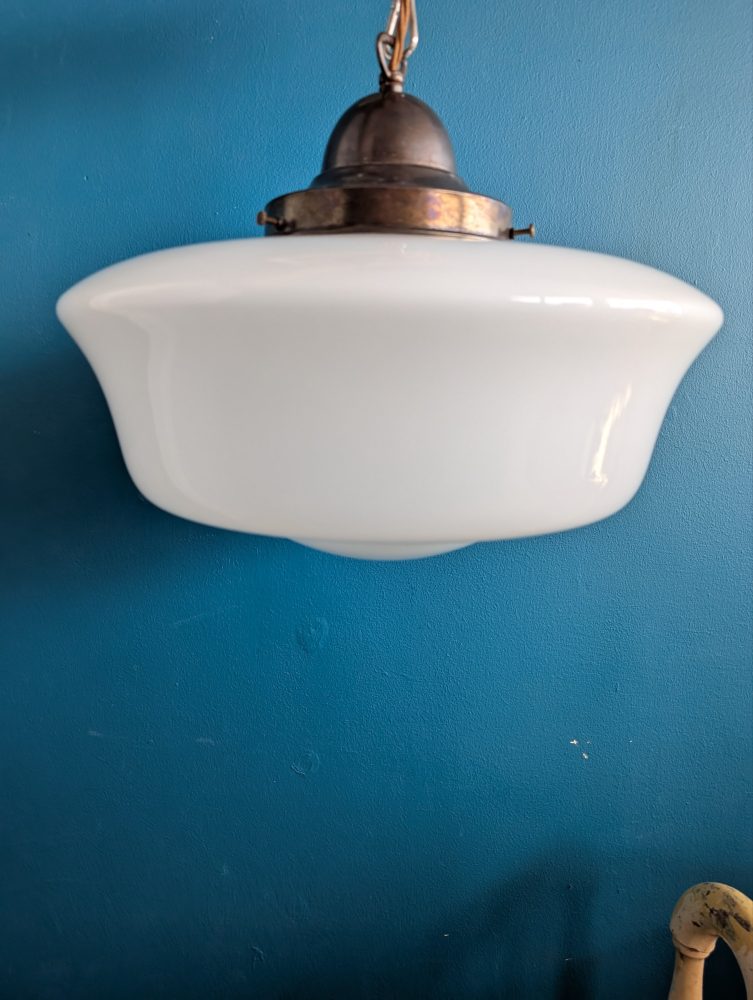 Matched pair of c.1930s large opaline glass Art Deco pendant lights with nickel galleries - Image 10