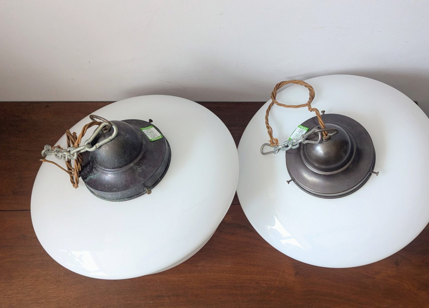 Matched pair of c.1930s large opaline glass Art Deco pendant lights with nickel galleries - Image 3