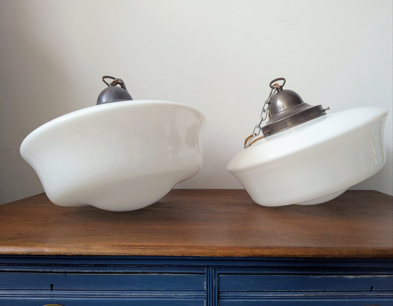 Matched pair of c.1930s large opaline glass Art Deco pendant lights with nickel galleries - Image 4