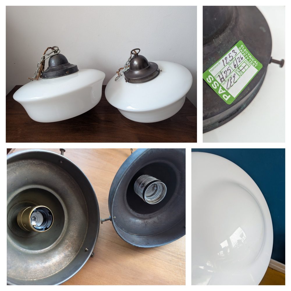 Matched pair of c.1930s large opaline glass Art Deco pendant lights with nickel galleries - Image 8